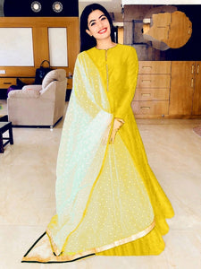 Stylist Yellow Designer Banglori Silk With Lining Gown for Party Wear