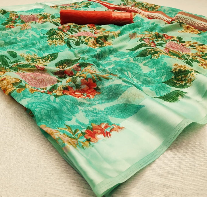 Lovely Sea Green Cotton Satin Patta Saree for Party Wear
