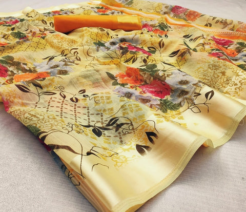 Good-Looking Yellow Cotton Satin Patta Saree for Party Wear