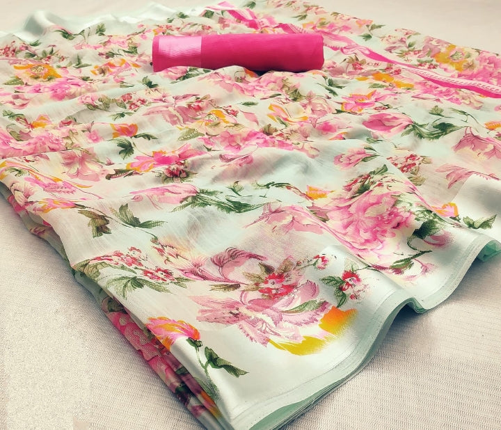 Comely Pista & Rani Satin Patta Cotton Saree for Party Wear