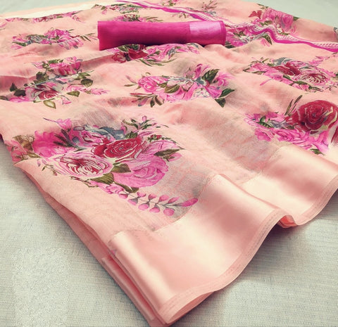 Pretty Peach & Rani Cotton Satin Patta Saree for Party Wear