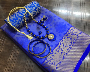 Devastating Royal Blue Tusser Silk Saree With Bangles Necklace Earings Set for Party Wear