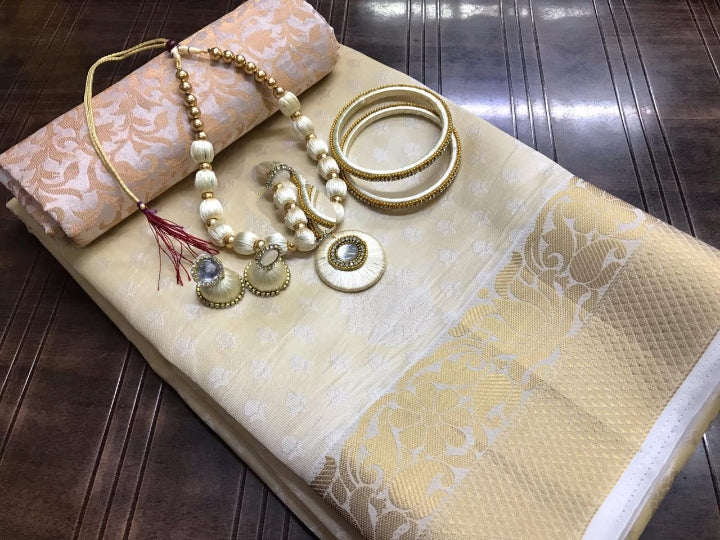 Wonderful Cream Tusser Silk Saree With Necklace Bangles Earings Set for Party Wear