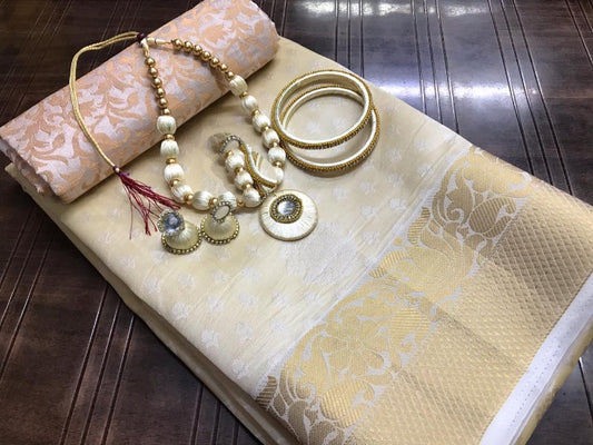Wonderful Cream Tusser Silk Saree With Necklace Bangles Earings Set for Party Wear