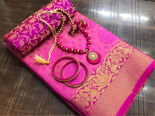 Magnificent Rani Colored Tusser Silk Saree With Earings Necklace Bangles Set for Party Wear