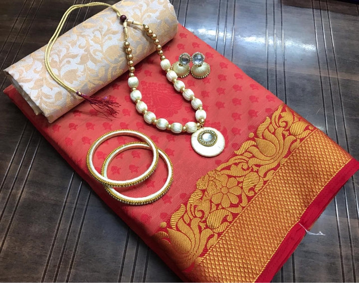 Glorious Maroon Silk Tusser Saree With Necklace Earings Bangles Set for Party Wear