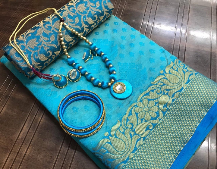 Bewitching Sky Blue Tusser Silk Saree With Necklace Earings Bangles Set for Party Wear
