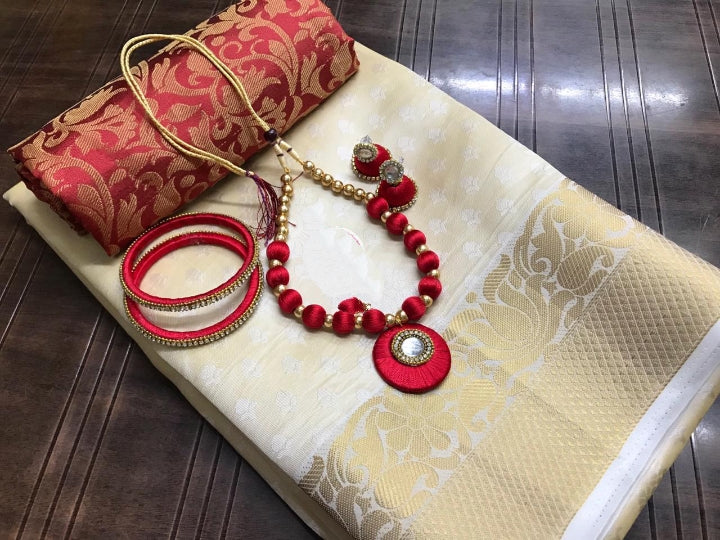 Charming Cream & Maroon Tusser Silk Saree With Bangles Necklace Earings Set for Party Wear