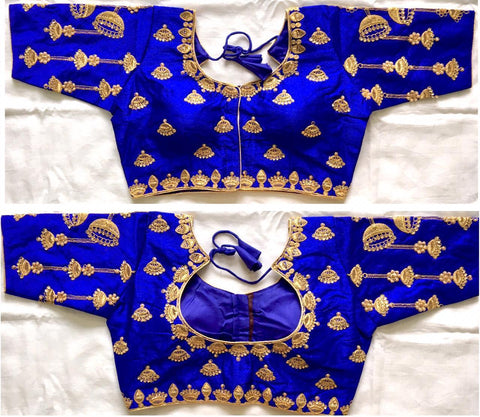 Beauteous Royal Blue Thread Coding With Hand Work Ready Made Blouse for Party Wear