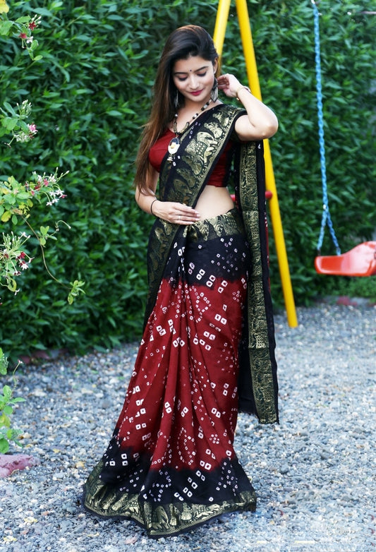 Splendid Navy Blue & Maroon Bandhej Silk With Zari Weaving Border Saree for Party Wear