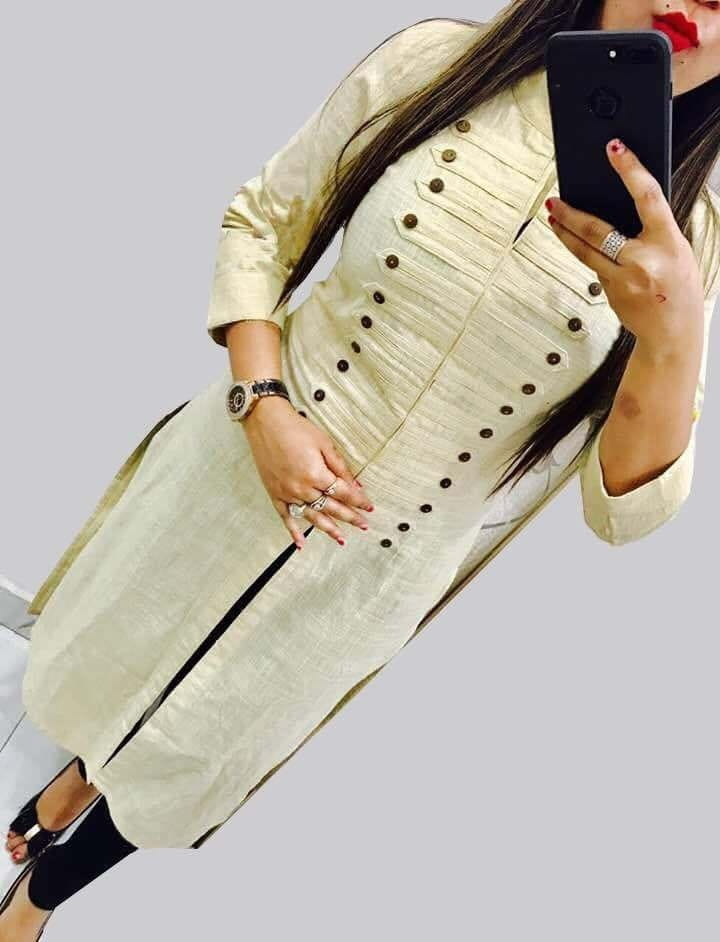 Off White Party Wear Rayon Selfie Stitched Kurti For Women