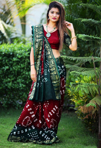 Fabulous Dark Green & Maroon Bandhej Silk With Weaving Zari Border Saree for Party Wear
