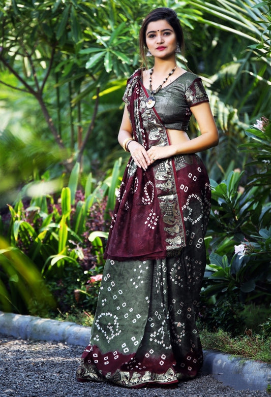 Comely Grey & Maroon Bandhej Silk With Zari Weaving Border Saree for Party Wear