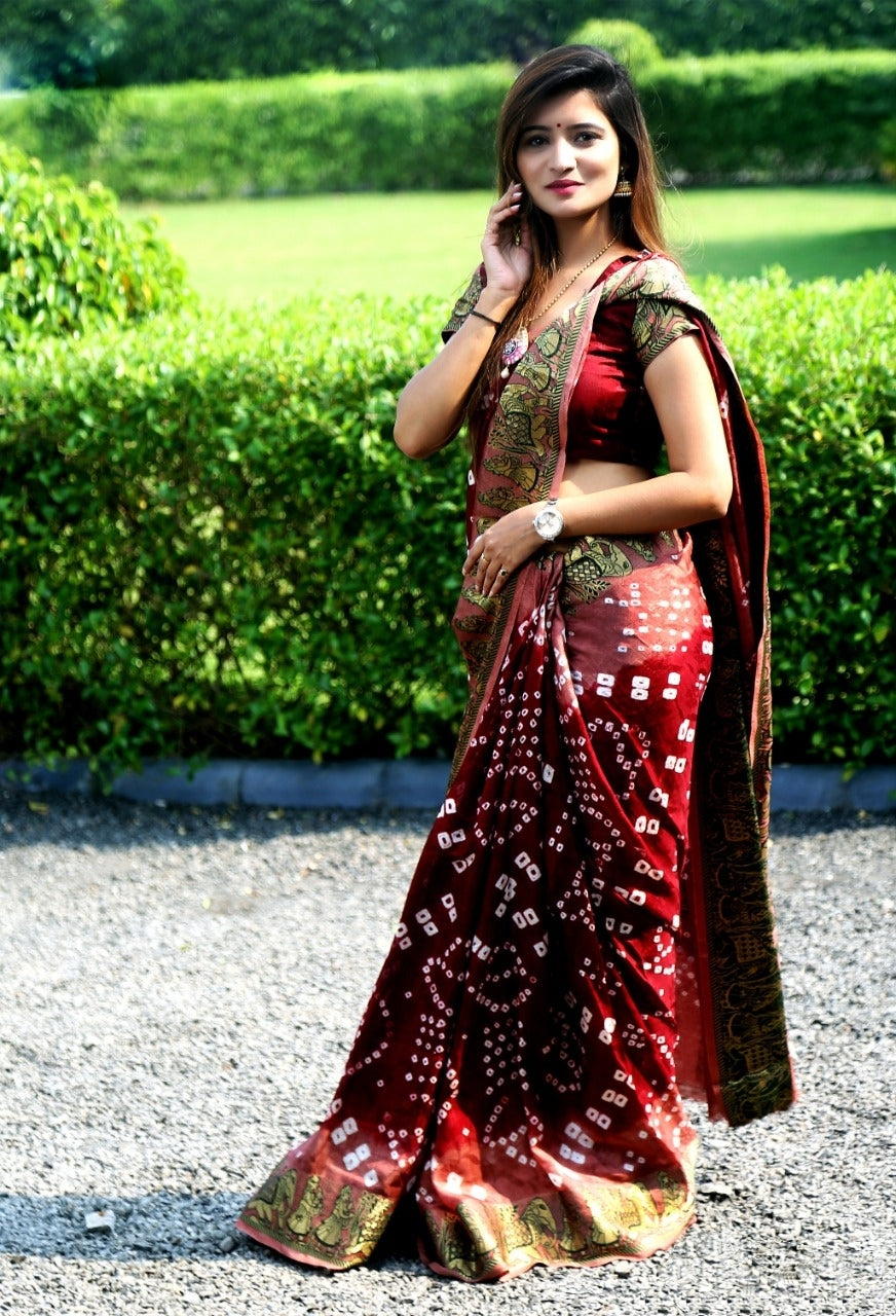 Pretty Maroon Bandhej Silk With Weaving Zari Border Saree for Party Wear
