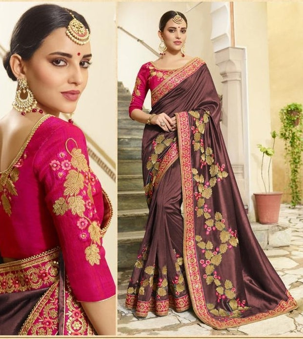 Radiant Chocolate Colored Vichitra Silk With Embroidered Work Saree for Party Wear