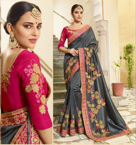 Ravishing Grey Vichitra Silk With Embroidered Work Saree for Party Wear