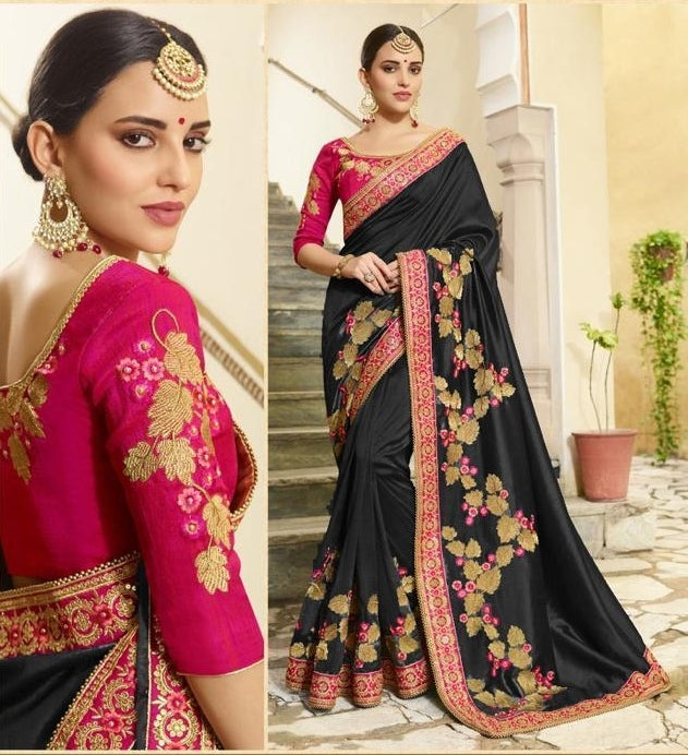 Striking Black Vichitra Silk With Embroidered Work Saree for Party Wear