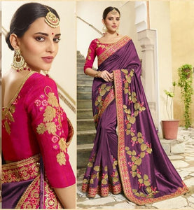 Dazzling Purple Vichitra Silk With Embroidered Work Saree for Party Wear