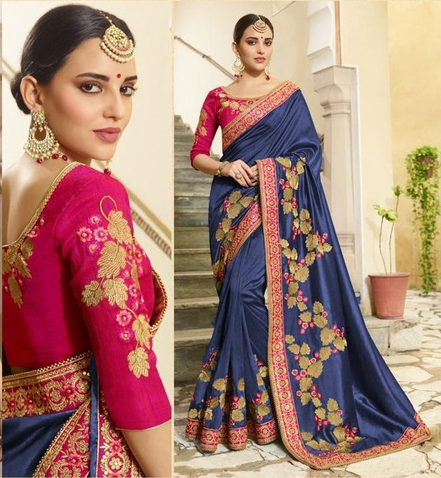 Devastating Blue Vichitra Silk With Embroidered Work Saree for Party Wear