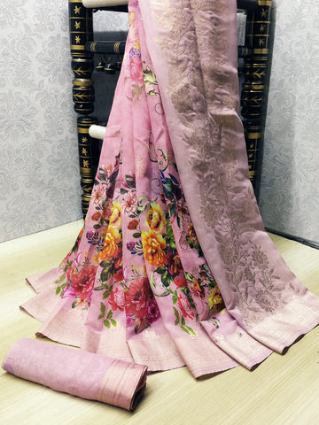 Wonderful Pink Banarasi Silk With Digital Print Zari Border Saree for Party Wear