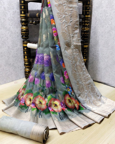 Magnificent Grey Banarasi Silk With Zari Border Digital Print Saree for Party Wear