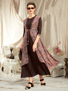 Charming Chocolate Colored Georgette Diamond Jacket Rayon Kurti for Party Wear