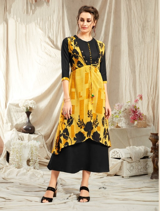 Alluring Black & Yellow Georgette Diamond Jacket With Rayon Kurti for Party Wear