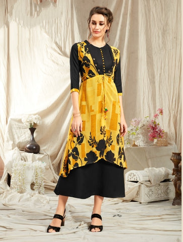 Alluring Black & Yellow Georgette Diamond Jacket With Rayon Kurti for Party Wear