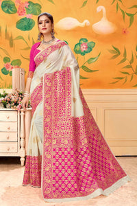 Bootylicious Cream & Rani Banarasi Kota Silk Wedding Wear Saree for Party Wear