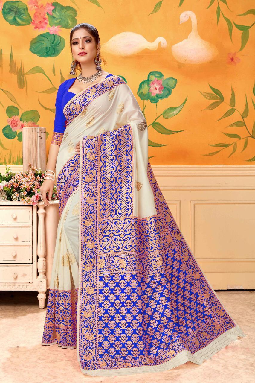 Beauteous Cream & Royal Blue Banarasi Kota Silk Wedding Wear Saree for Party Wear