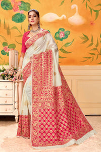 Pulchritudinous Red & Cream Banarasi Kota Silk Party Wear Saree for Party Wear