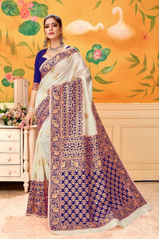 Remarkable Cream & Purple Banarasi Kota Silk Function Wear Saree for Party Wear