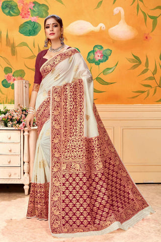 Extraordinary Maroon & Cream Banarasi Kota Silk Saree For Party Wear for Party Wear