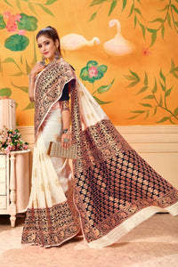 Staggering Cream & Black Banarasi Kota Silk Wedding Wear Saree for Party Wear