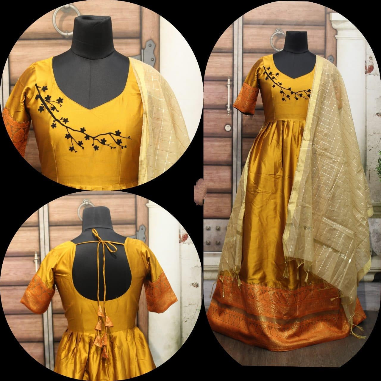 Astonishing Yellow Cotton Sartin With Gotta Zari Border Gown for Party Wear