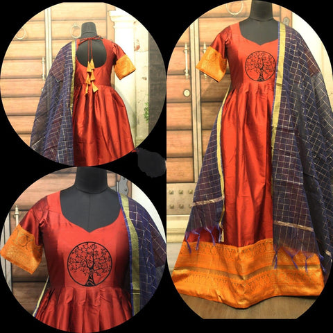 Mind-Boggling Orange Cotton Sartin With Zari Gotta Gown for Party Wear