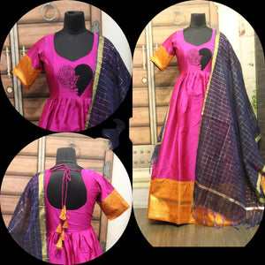 Mind-Blowing Rani Colored Cotton Sartin With Zari Gotta Border Gown for Party Wear