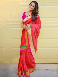 Fab Majesty Red Colored Chanderi Silk Plain Saree for Party Wear