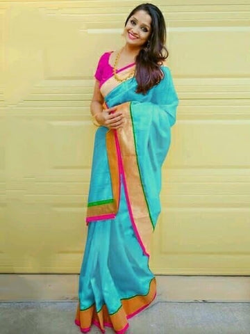 Beautiful Sky Blue Chanderi Silk Plain Saree for Party Wear