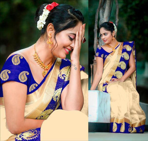Good-Looking Cream & Blue Zoya Silk With Viscos Jacquard Border Saree for Party Wear