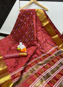 Glorious Maroon Cotton Silk Bandhani Jacquard Saree for Party Wear
