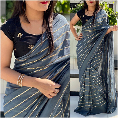 Exquisite Grey & Black Georgette With Embroidered Work Saree for Party Wear