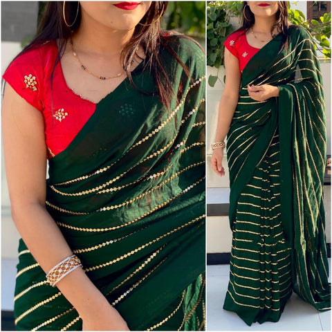 Gorgeous Red & Dark Green Georgette With Embroidered Work Saree for Party Wear