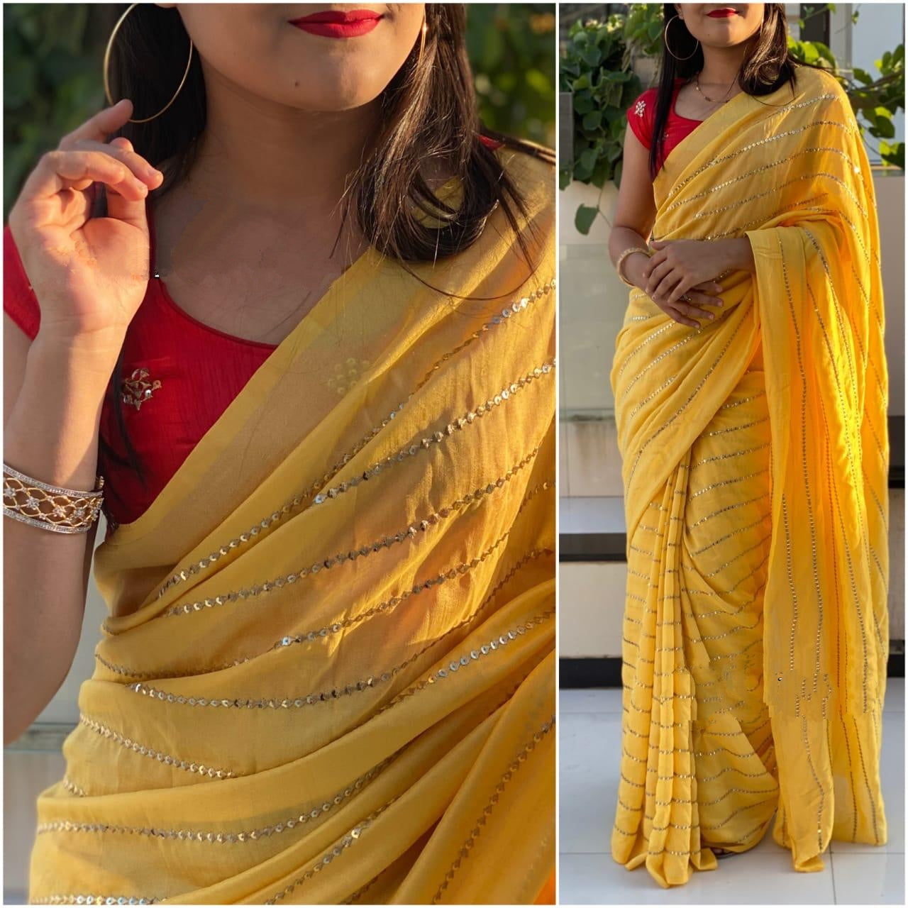 Amazeballs Red & Yellow Georgette With Embroidered Work Saree for Party Wear