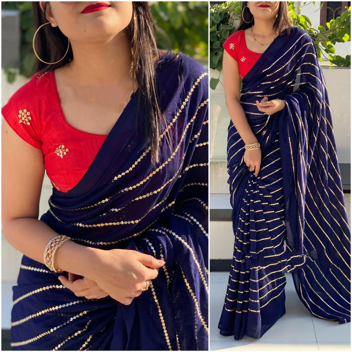 Knockout Red & Royal Blue Georgette With Embroidered Work Saree for Party Wear