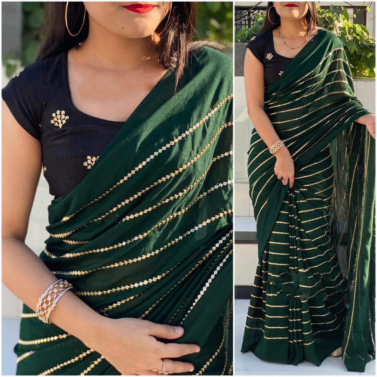 Bootylicious Dark Green & Black Georgette With Embroidered Work Saree for Party Wear