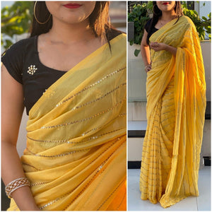 Staggering Yellow & Black Georgette With Embroidered Work Saree for Party Wear