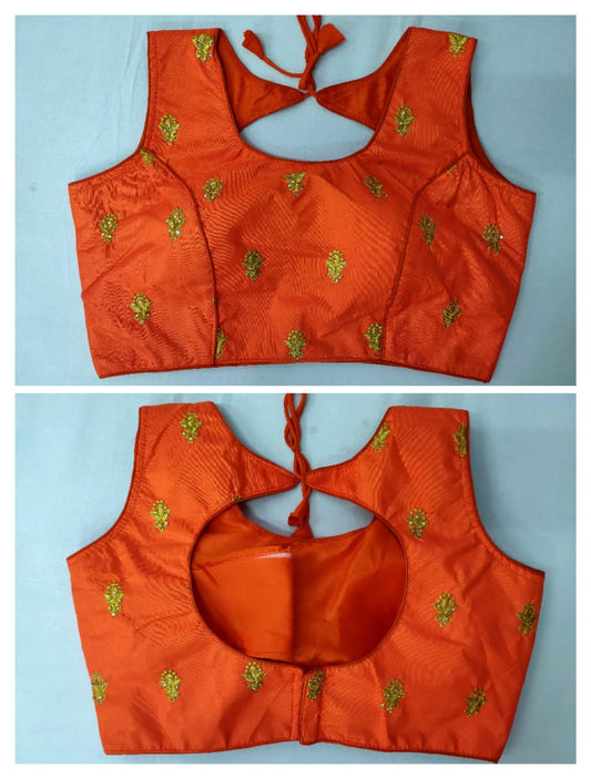 Breathtaking Orange Fantam With Golden Work Ready Made Blouse for Party Wear