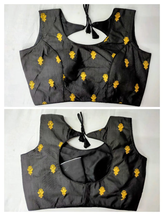 Mind-Blowing Black Fantam With Golden Work Ready Made Blouse for Party Wear