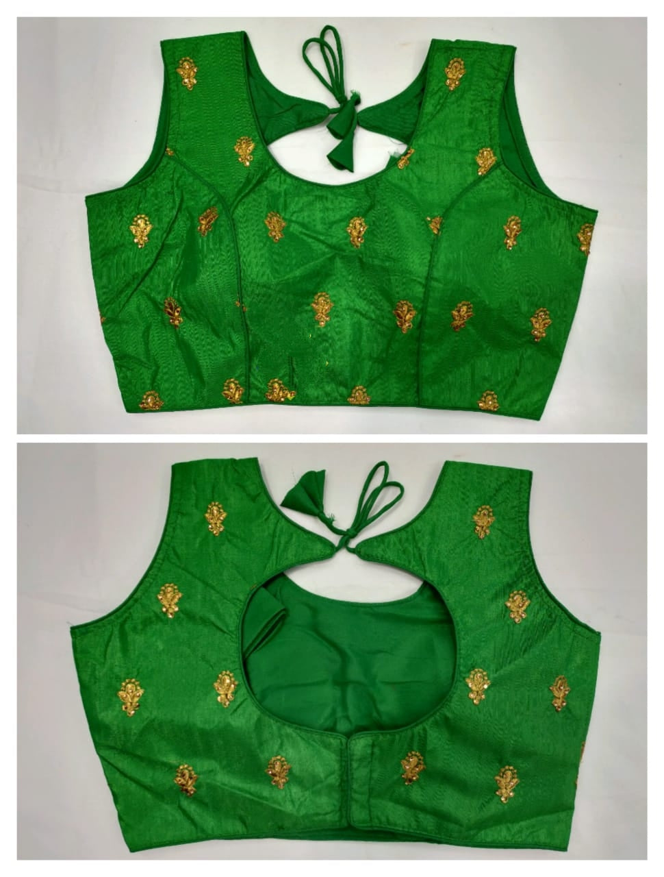 Fab Green Fantam With Ready Made Golden Work Blouse for Party Wear